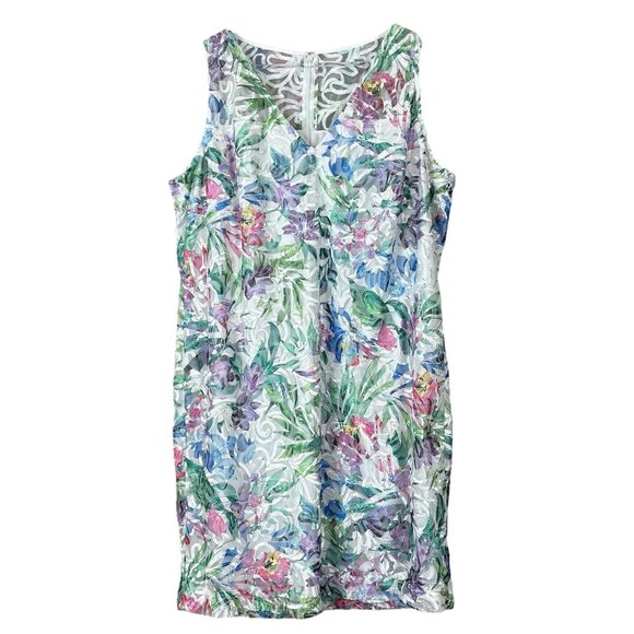 Tahari ASL Tropical Applique Mesh Sheer Cocktail Dress White Multicolor Size 14W - Picture 1 of 8